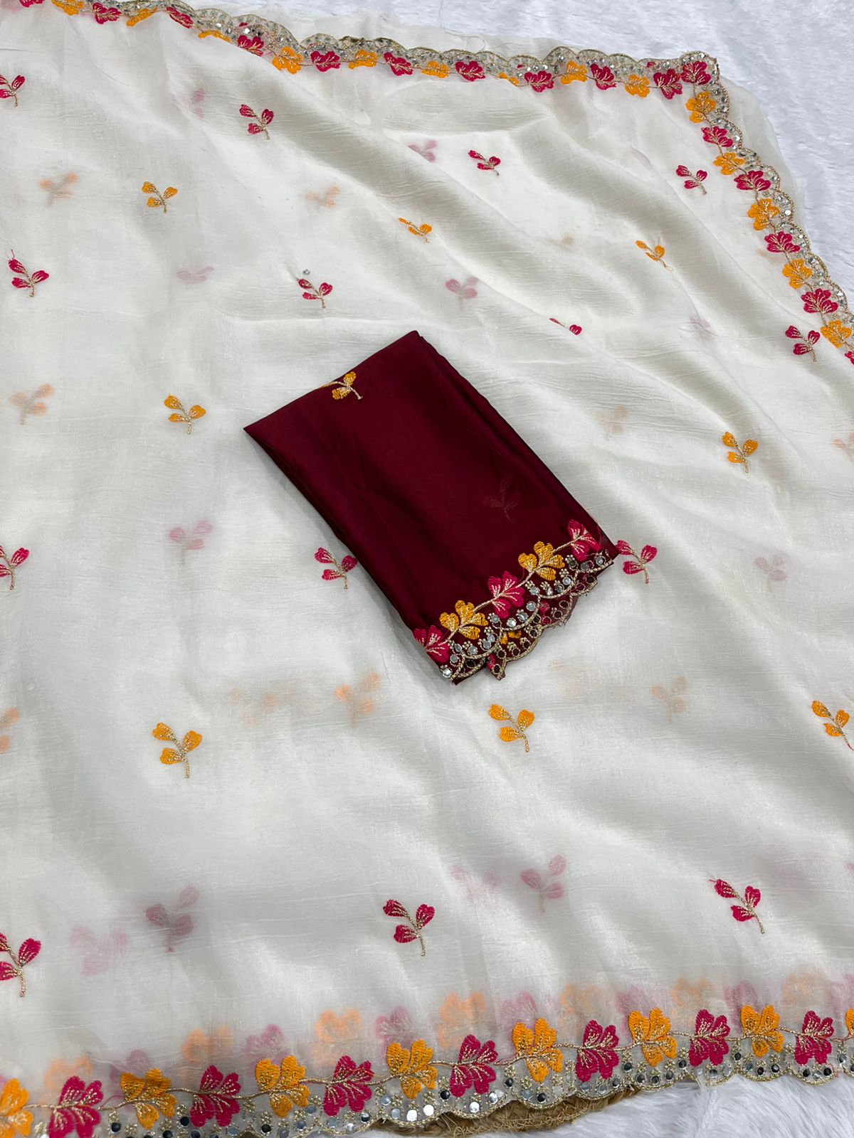 Premium Crunchy Chiffon Embroidered Mirror Work Party Wear Saree