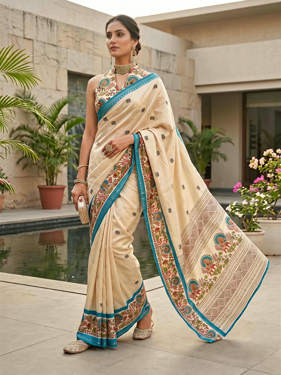 Premium Marsh Mellow Saree with Gajraj Print & Double Temple Pattu Border