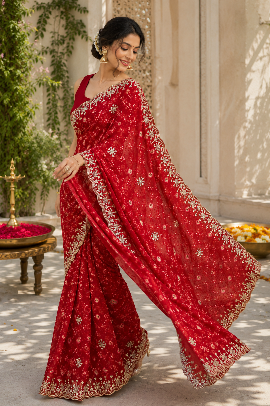 Women's Red Georgette Bandhani Print Embroidered Saree with Matching Mono Silk Blouse