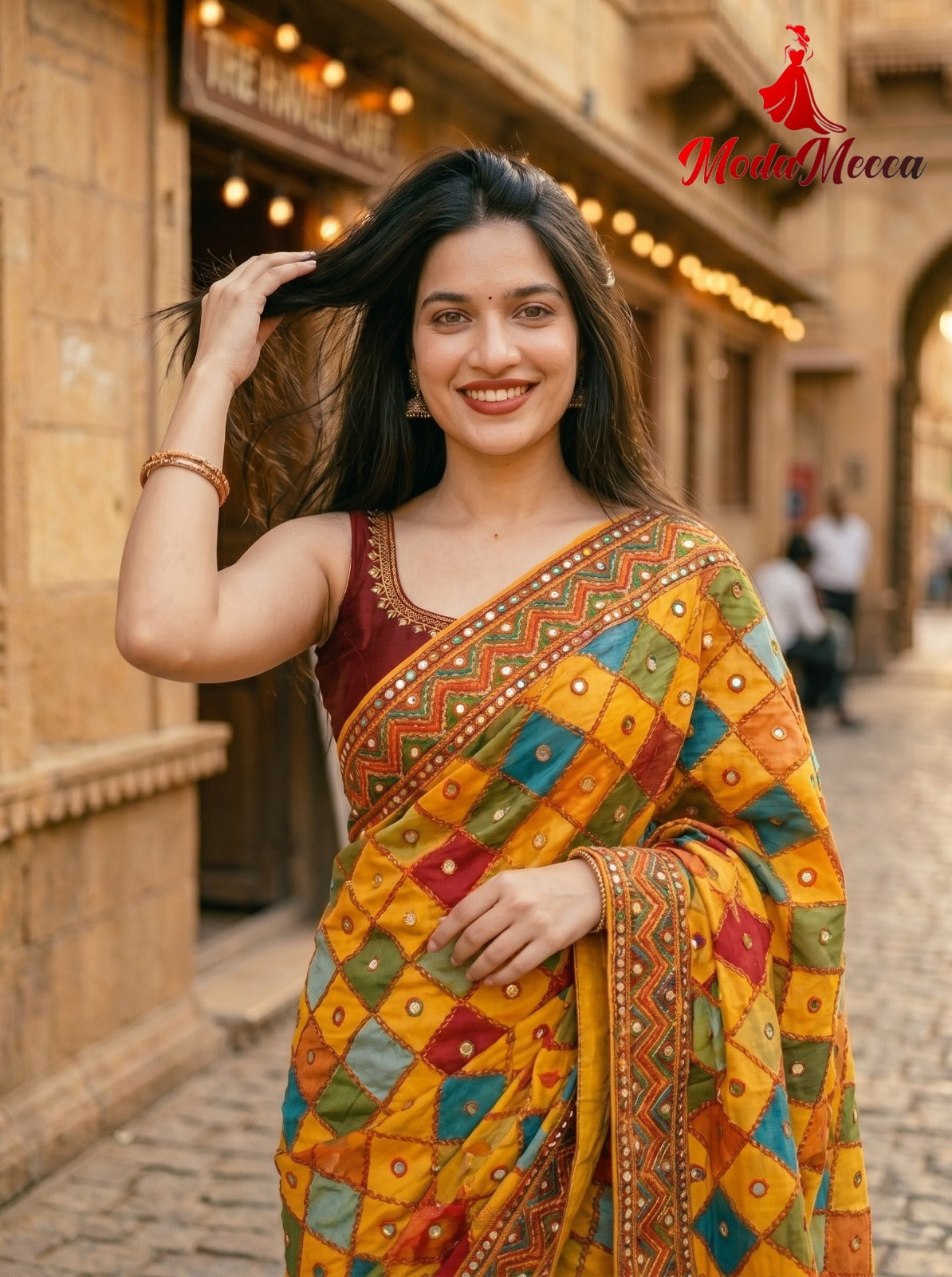 Women's Chamkila Crepe Silk Saree with Rajgharana Digital Print & Mirror Work | Festive Party Wear Saree