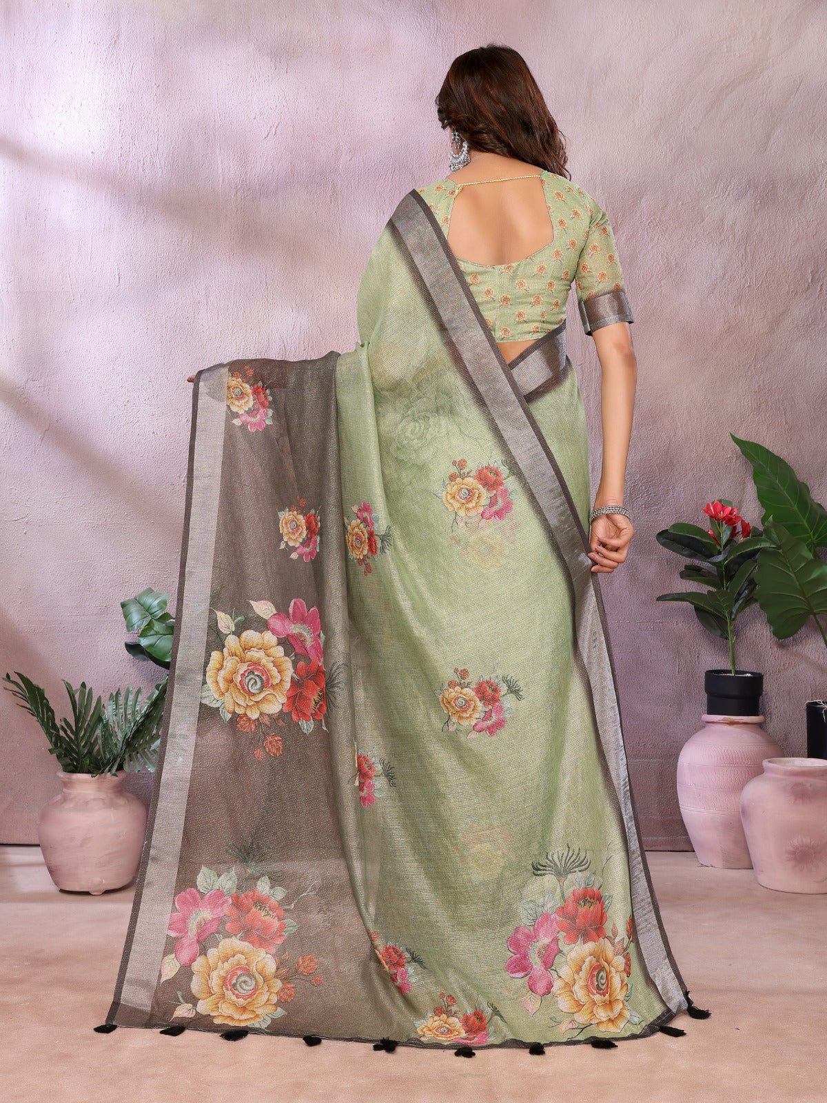 Floral Elegance Linen Shimmer Saree with Designer Printed Border & Tassel Pallu