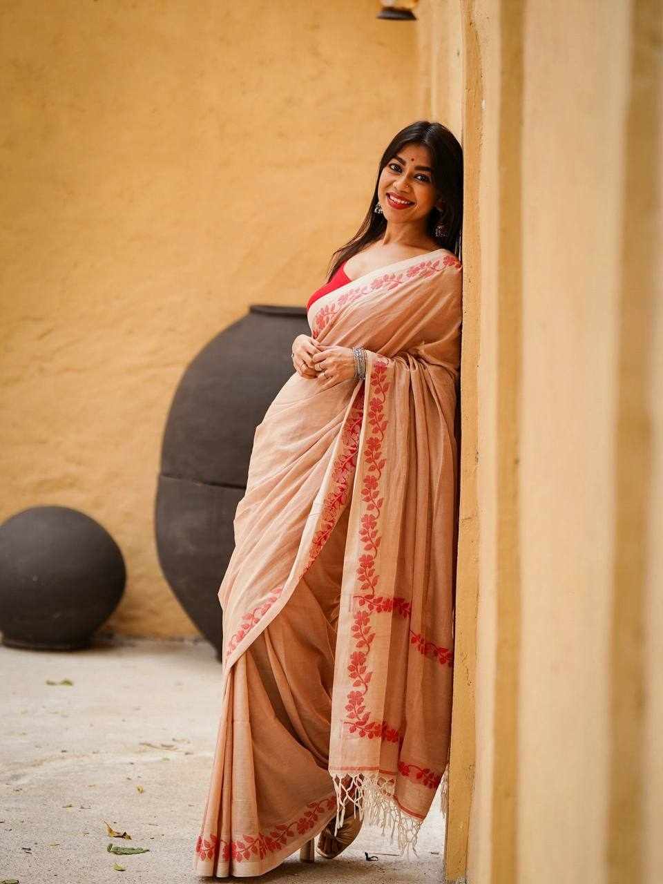 Women's Linen Cotton Digital Print Saree with Tassels & Satin Banglory Blouse – Beige & Red