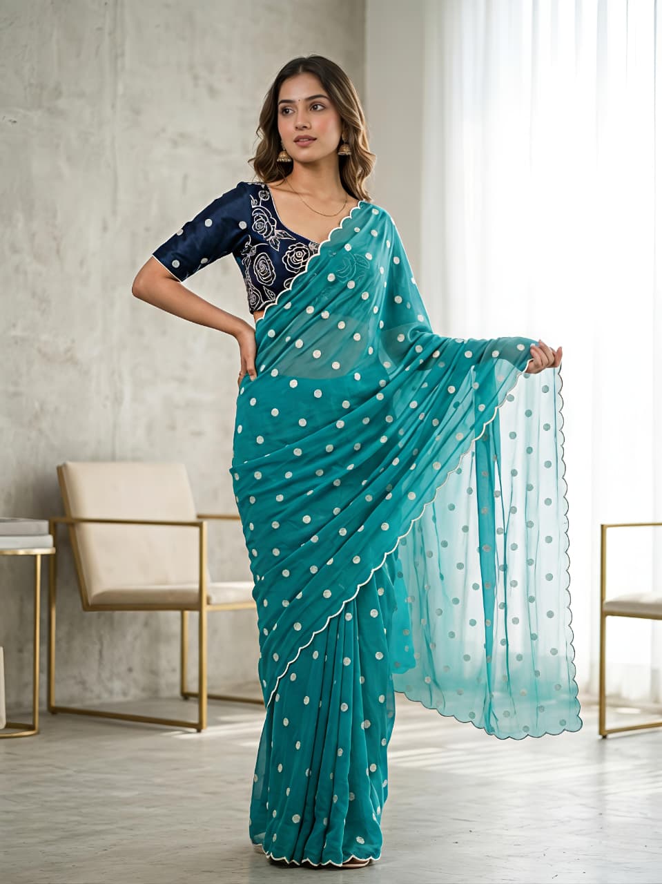 Star Georgette Polka Embroidered Saree with Matching Blouse