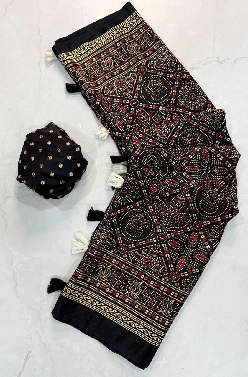 Premium Ajrakh Designer Crepe Silk Saree with Traditional Bandhani-Inspired Print & Tassel Border
