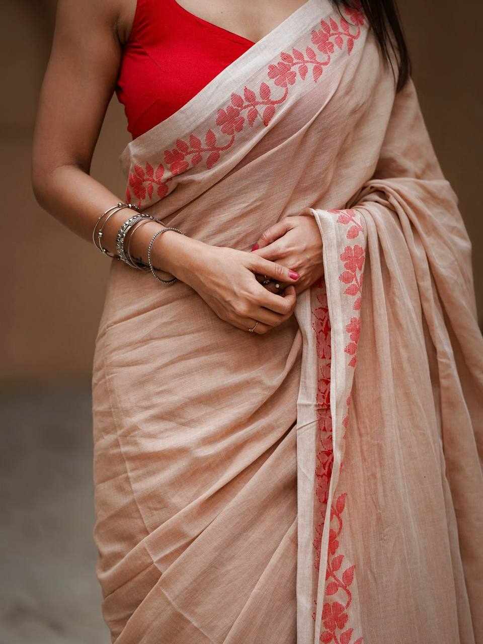 Women's Linen Cotton Digital Print Saree with Tassels & Satin Banglory Blouse – Beige & Red