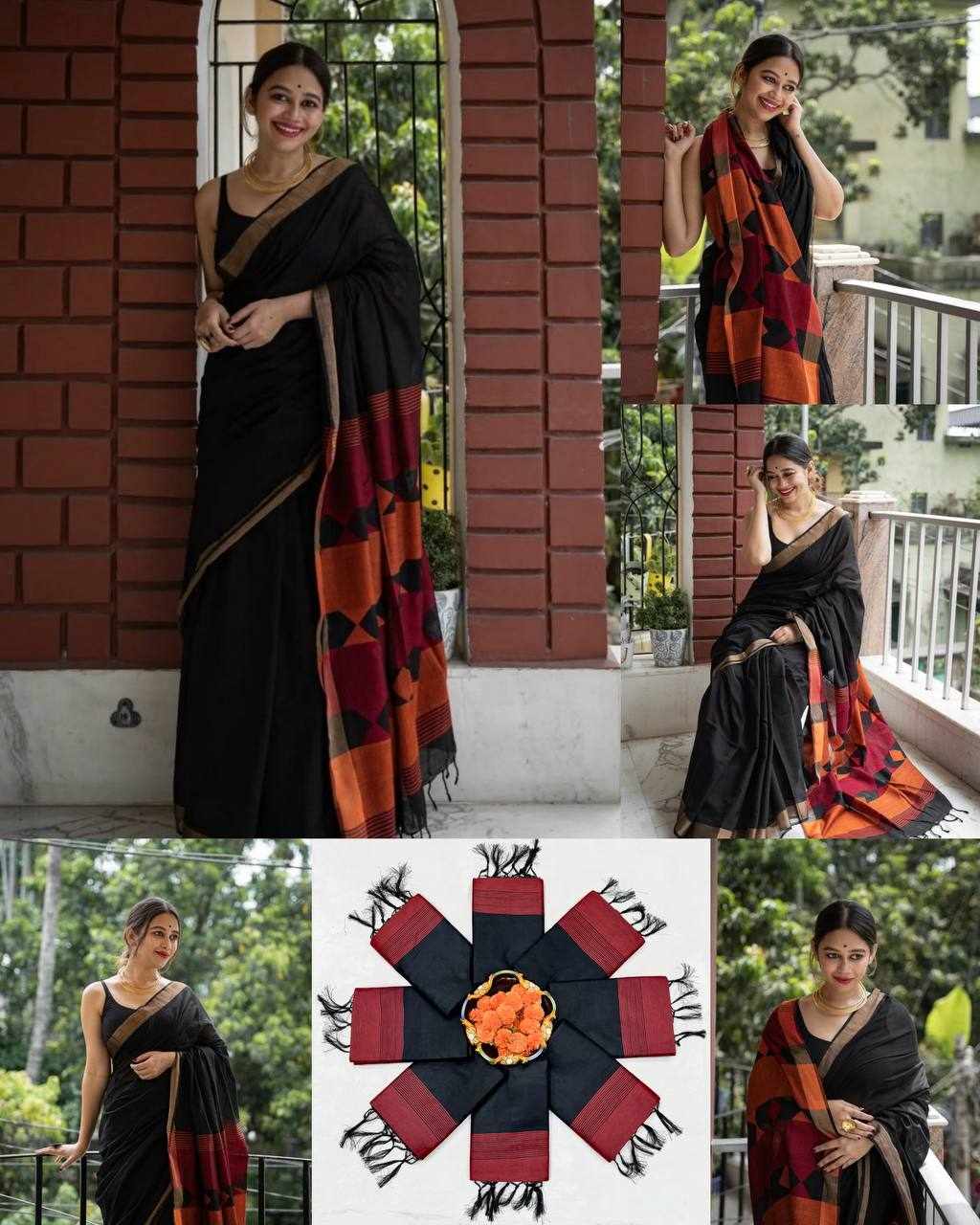 KP-R 209 Soft Linen Black Saree with Jacquard Border 🖤