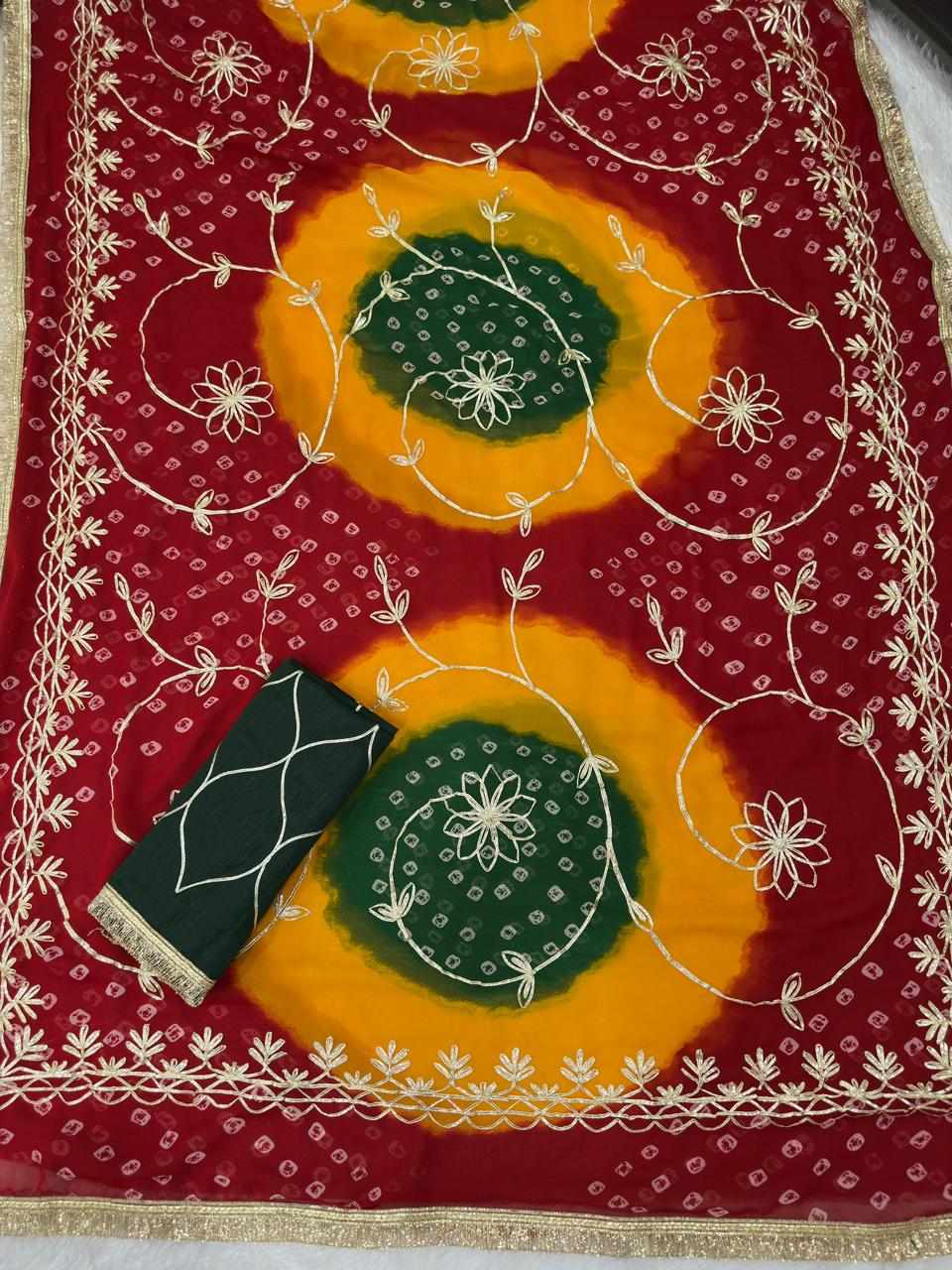 Women's Maroon Georgette Bandhej Print Saree with Gota Embroidery & Mono Silk Blouse