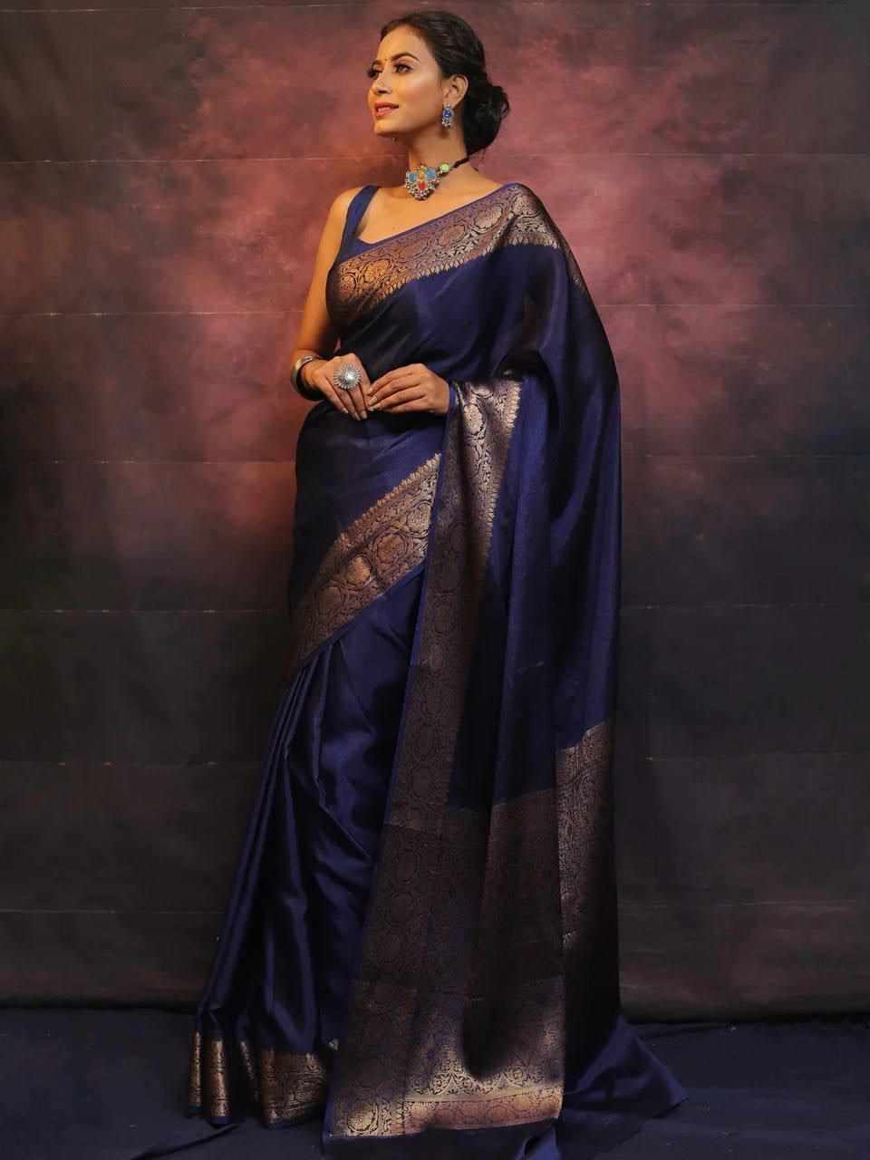 Women's Banarasi Soft Litchi Silk Saree with Rich Jacquard Border & Designer Pallu – Navy Blue