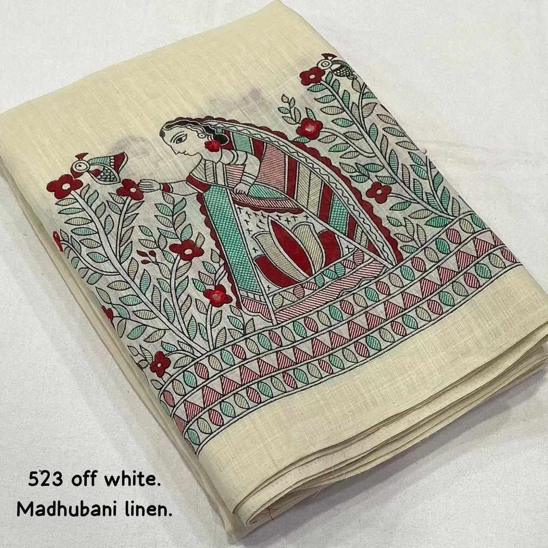 Women's Cream Cotton Digital Print Saree with Designer Border & Printed Blouse
