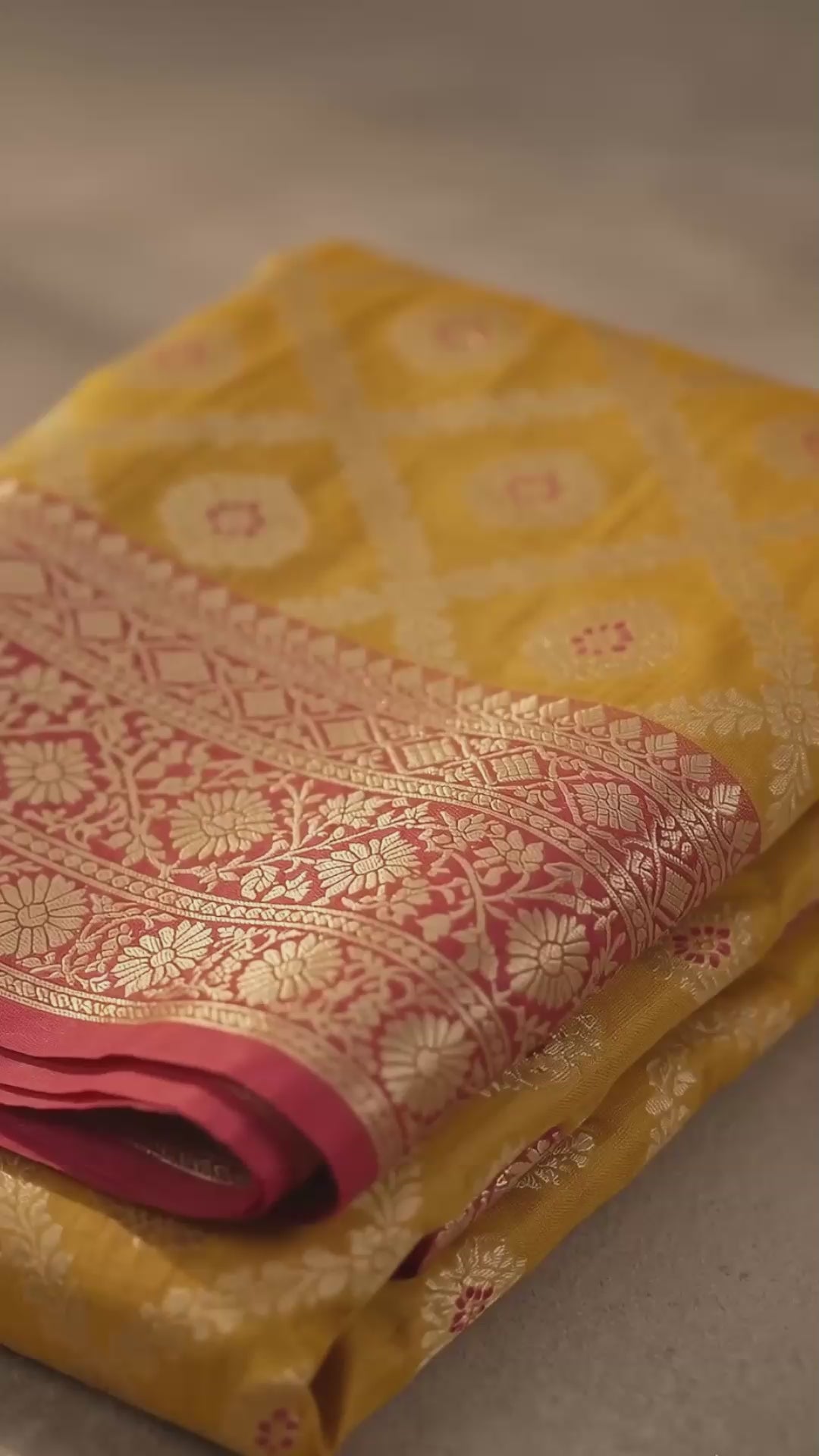 Yellow Banarasi Silk Saree with Red Border and Unstitched Blouse