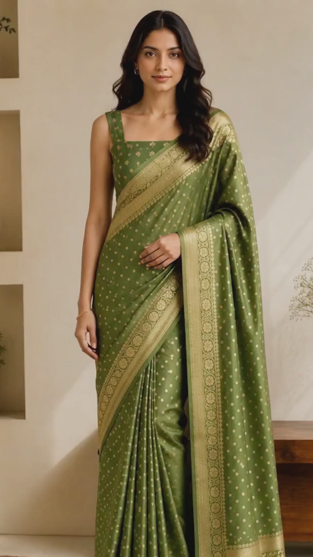 Green Banarasi Silk Saree with Golden Zari Border and Polka Dot Pattern