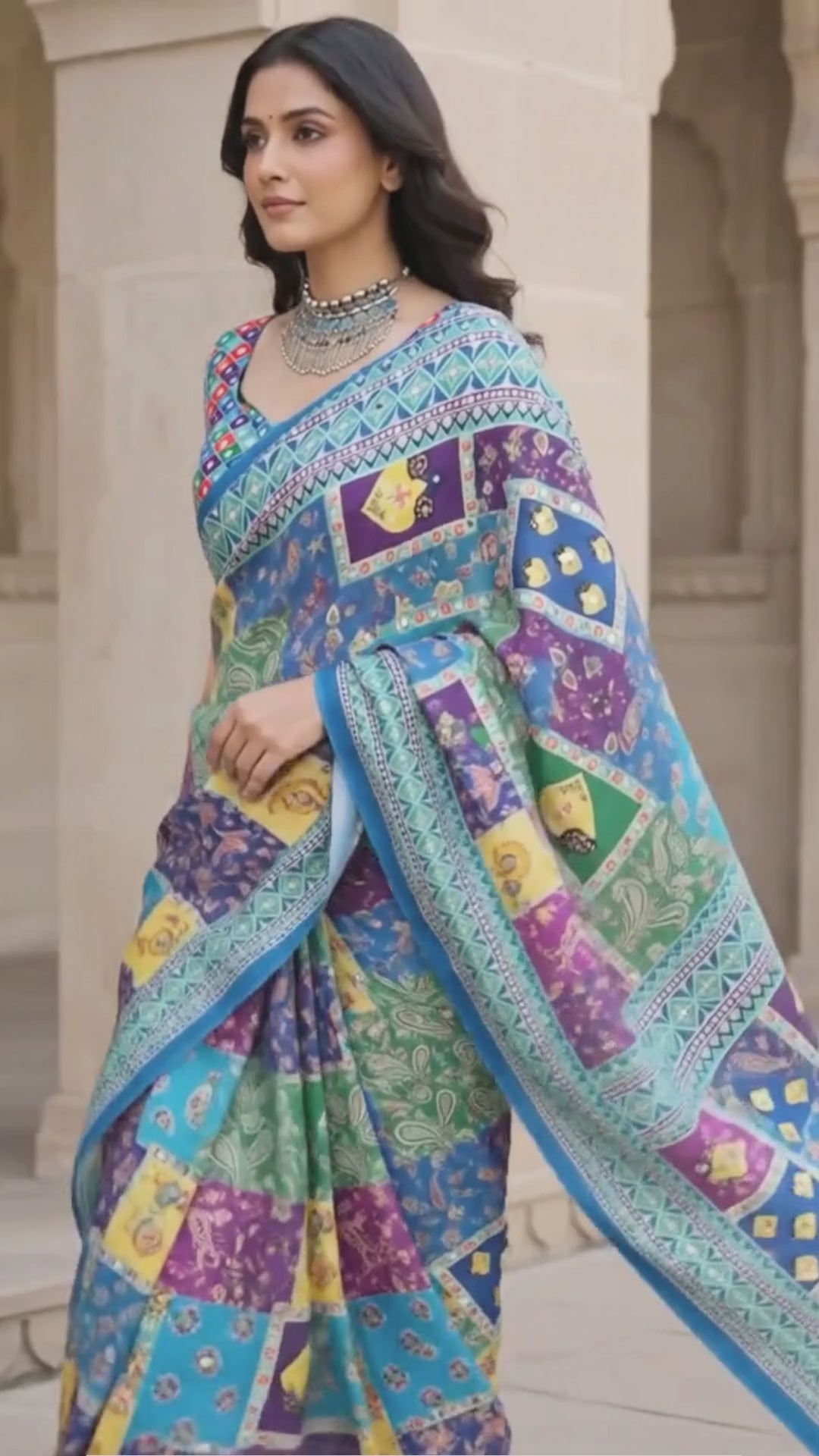 Chamkila Blue Premium Crepe Silk Saree with Rajgharana Culture Digital Print & Mirror Work | Designer Party Wear Saree