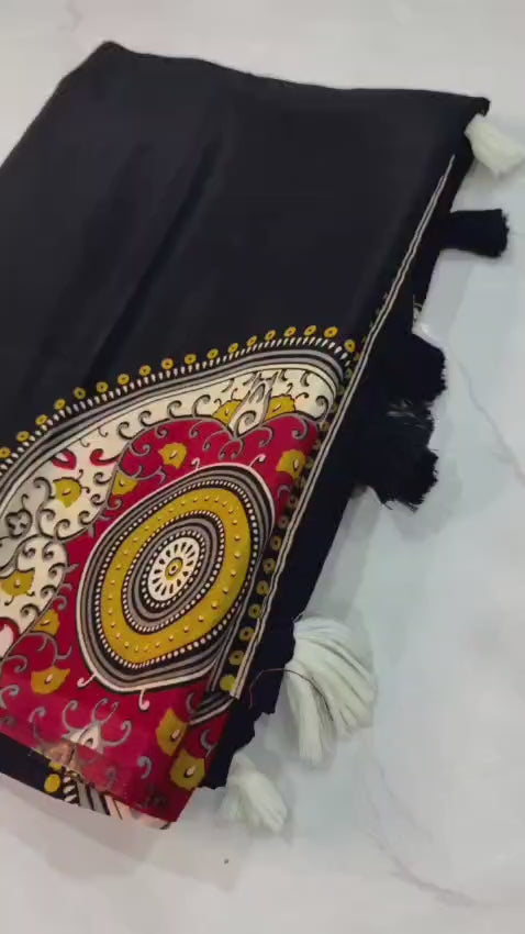 Premium Ajrakh Designer Crepe Silk Saree with Circular Motif Print & Tassel Border
