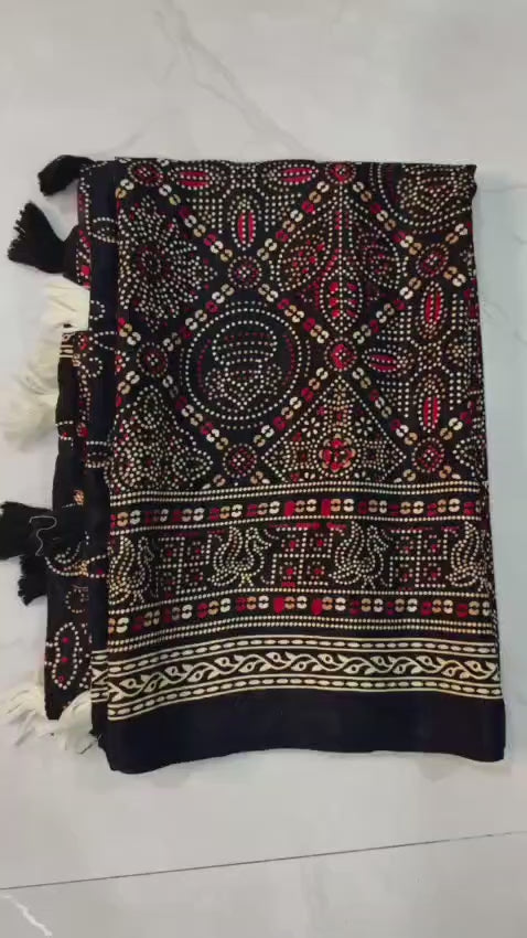 Premium Ajrakh Designer Crepe Silk Saree with Traditional Bandhani-Inspired Print & Tassel Border