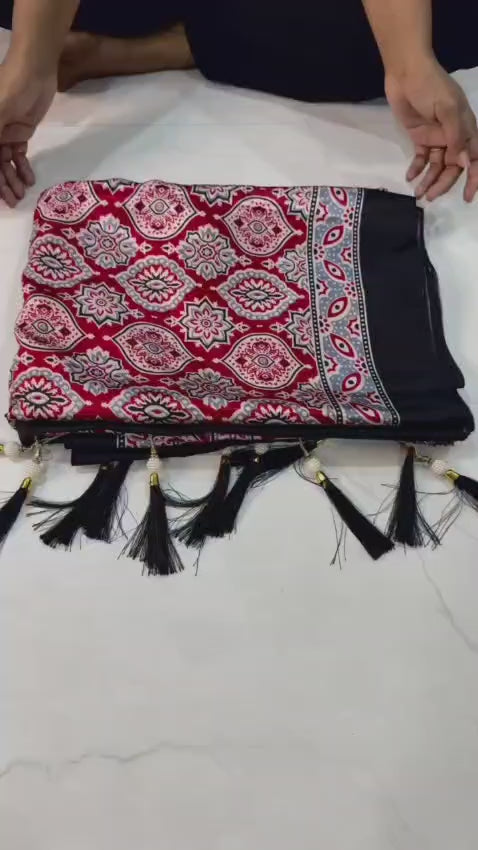 Premium Ajrakh Designer Crepe Silk Saree with Floral Print & Tassel Border