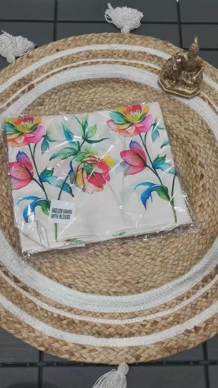 Aarohi Heavy Handloom Tussar Silk Saree with Tulips Digital Print & Matching Blouse