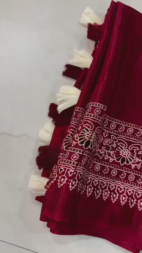 Premium Ajrakh Designer Crepe Silk Saree with Floral Border & Tassel Detailing