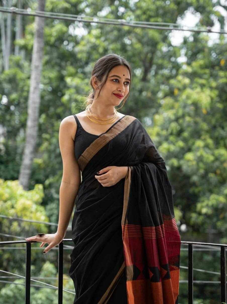 KP-R 209 Soft Linen Black Saree with Jacquard Border 🖤