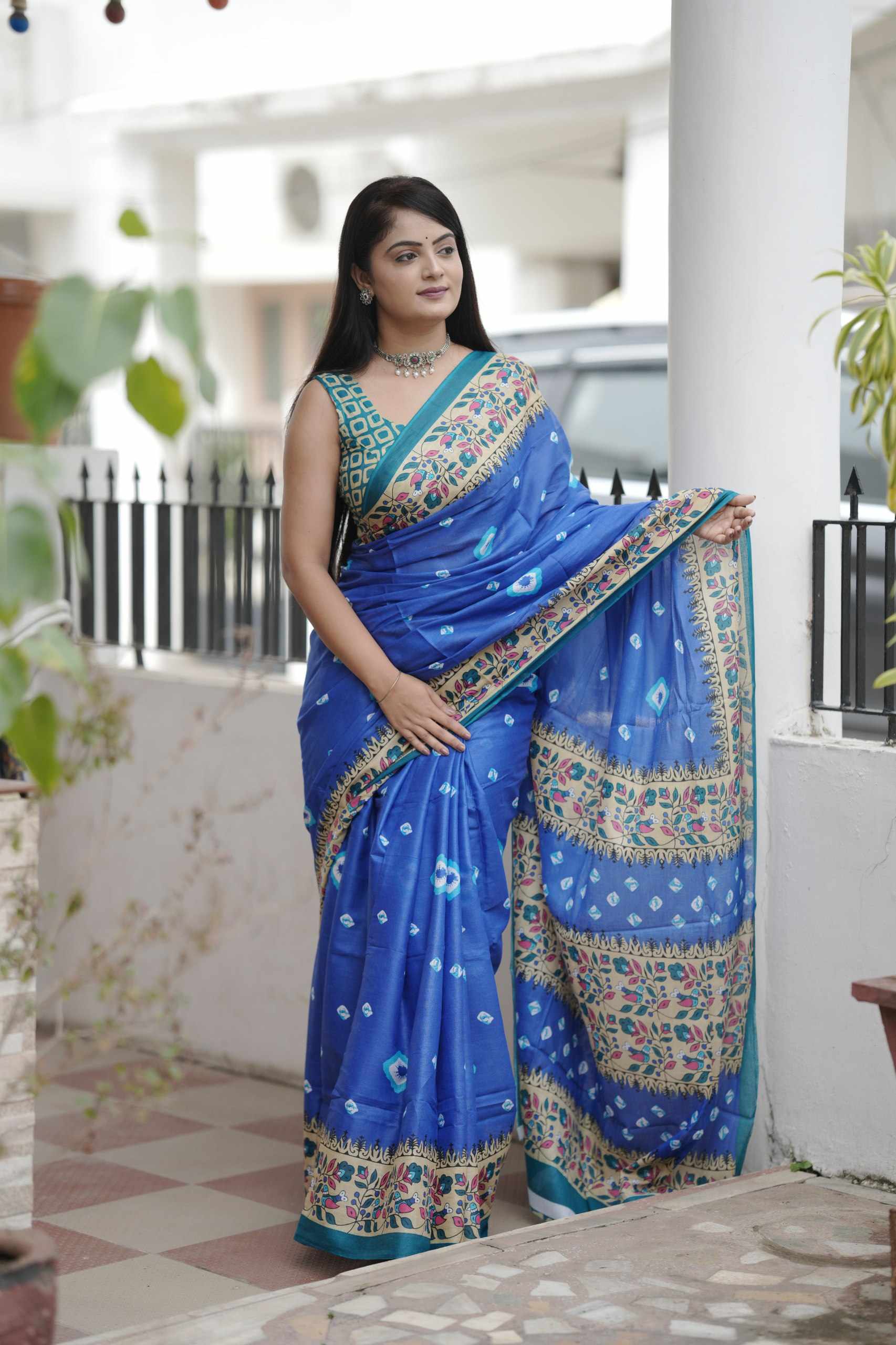 JBC Trendy Blue Cotton Saree With Floral Border Design