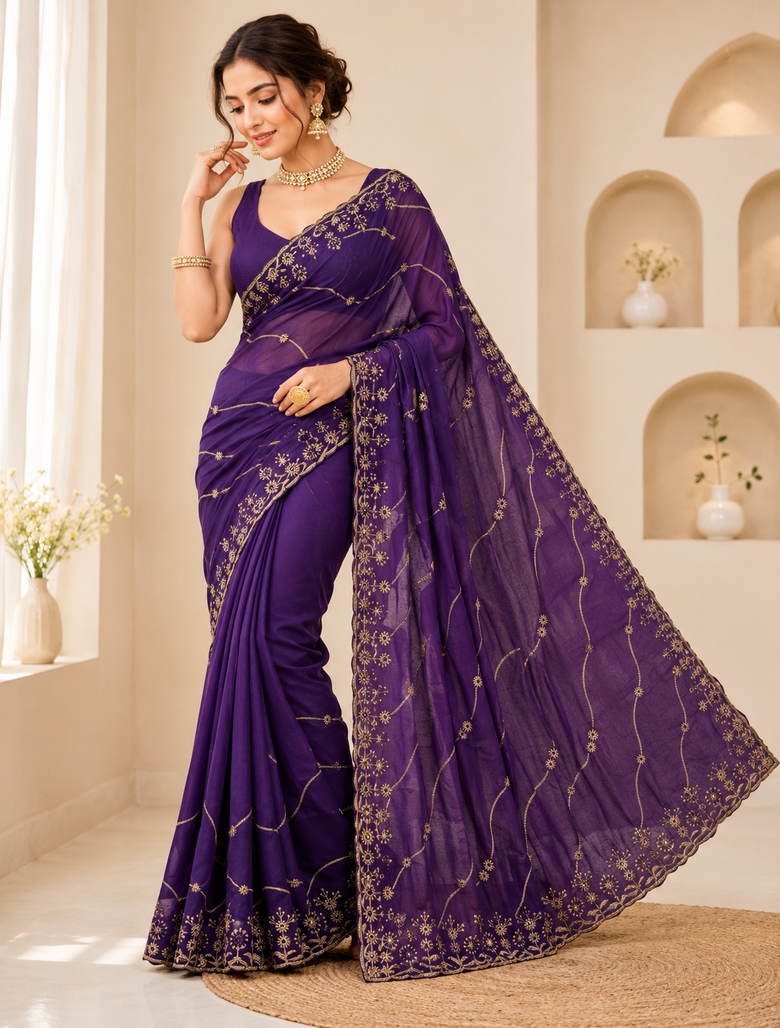 Aafreen Ivory Bloom Embroidered Star Georgette Saree With Designer Blouse