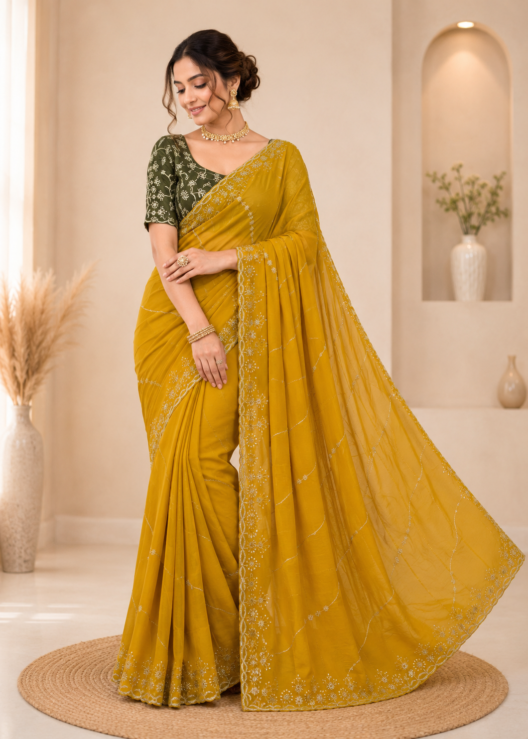 Aafreen Ivory Bloom Embroidered Star Georgette Saree With Designer Blouse
