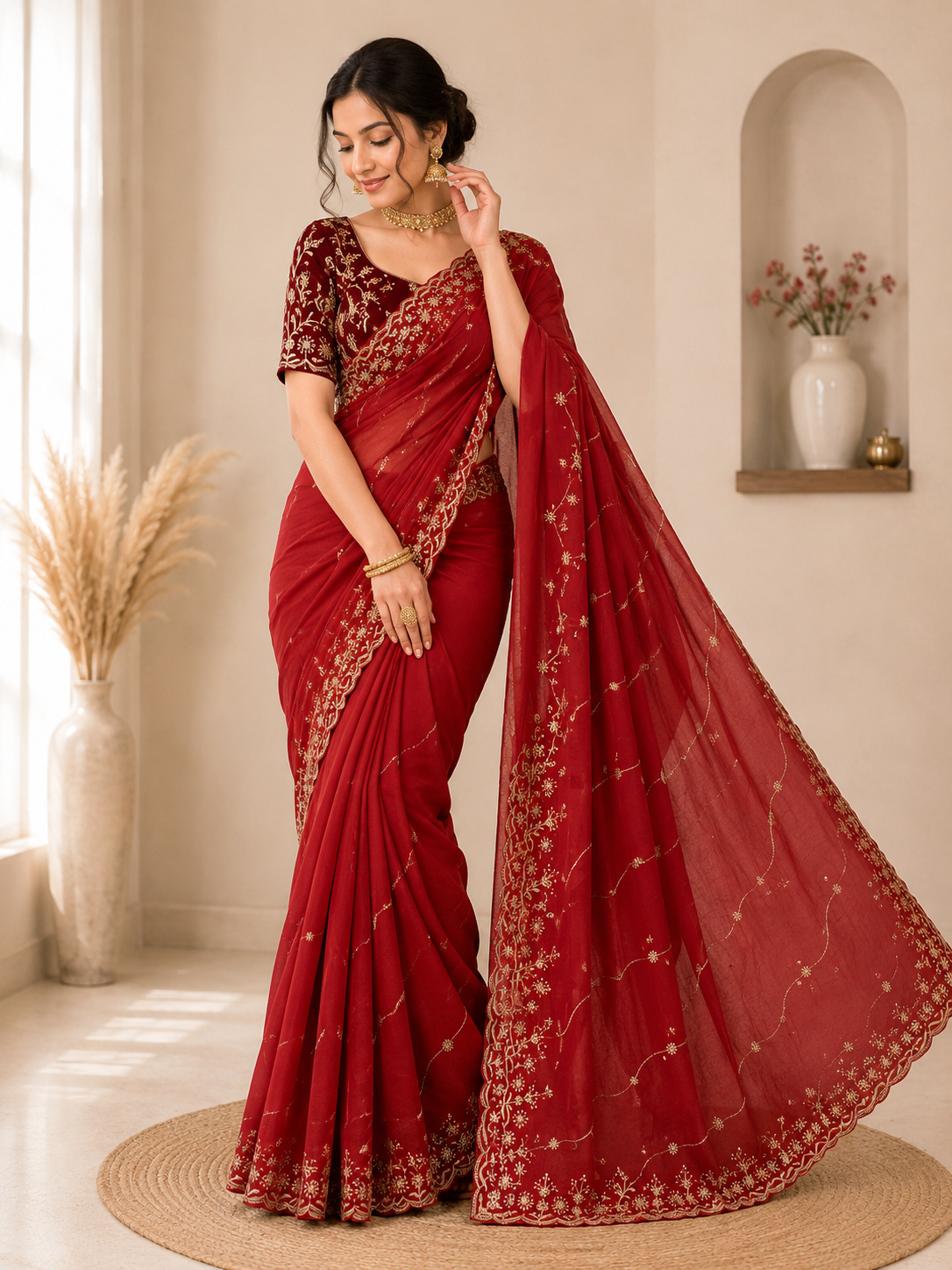 Aafreen Ivory Bloom Embroidered Star Georgette Saree With Designer Blouse
