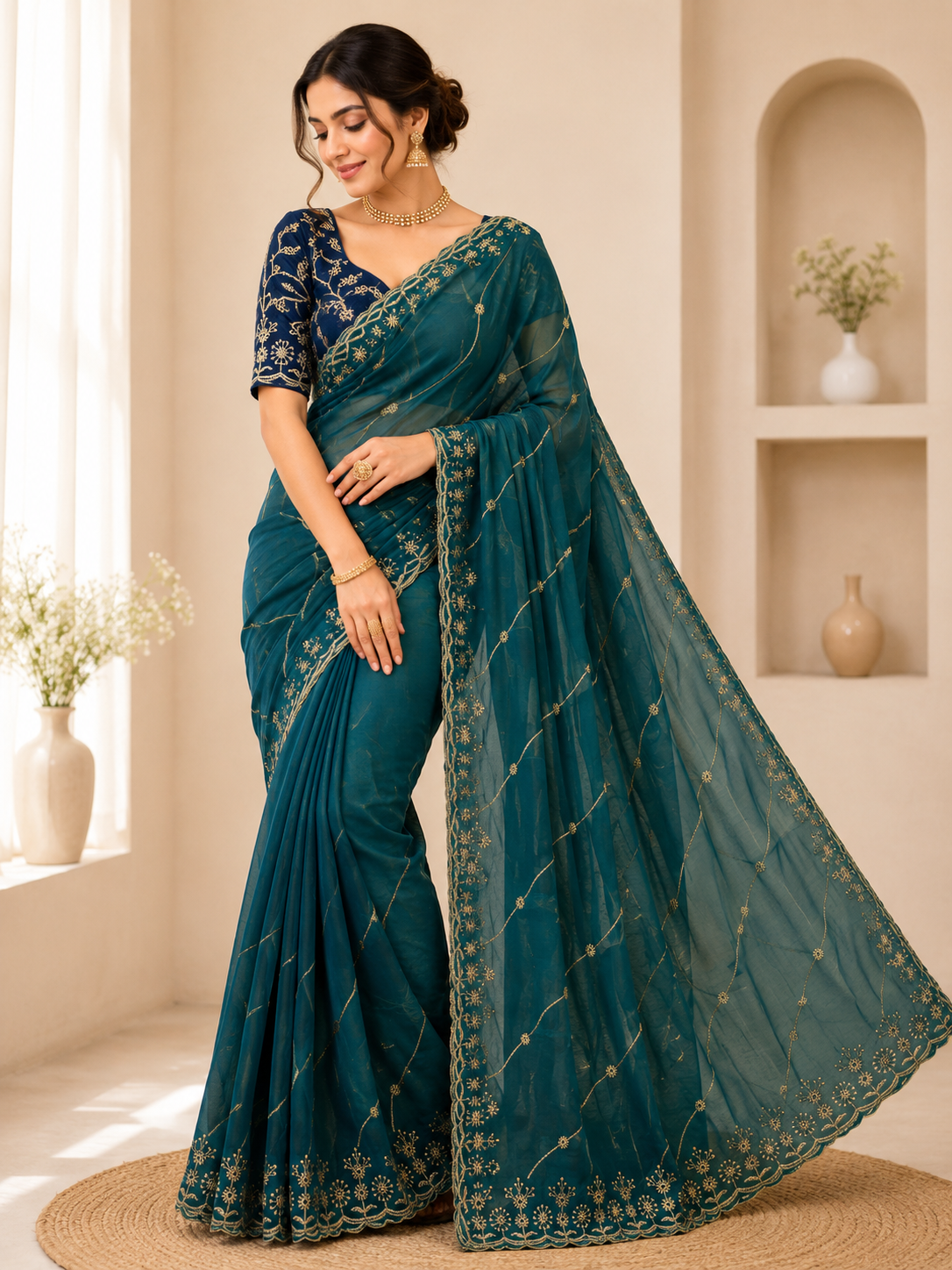 Aafreen Ivory Bloom Embroidered Star Georgette Saree With Designer Blouse
