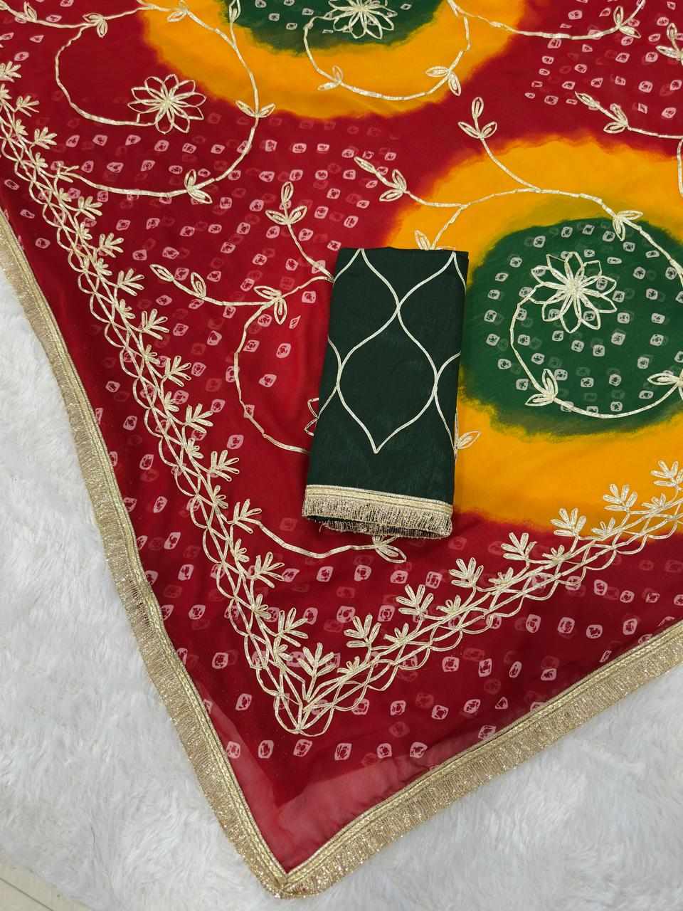 Women's Maroon Georgette Bandhej Print Saree with Gota Embroidery & Mono Silk Blouse