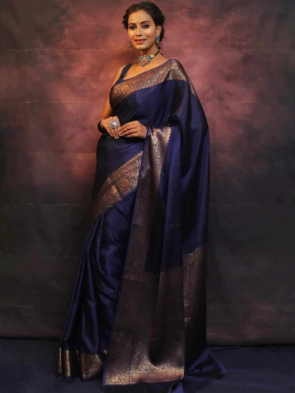 Women's Banarasi Soft Litchi Silk Saree with Rich Jacquard Border & Designer Pallu – Navy Blue