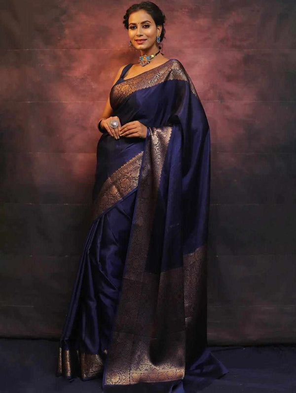 Women's Navy Blue Banarasi Soft Litchi Silk Saree with Rich Jacquard Border & Designer Pallu