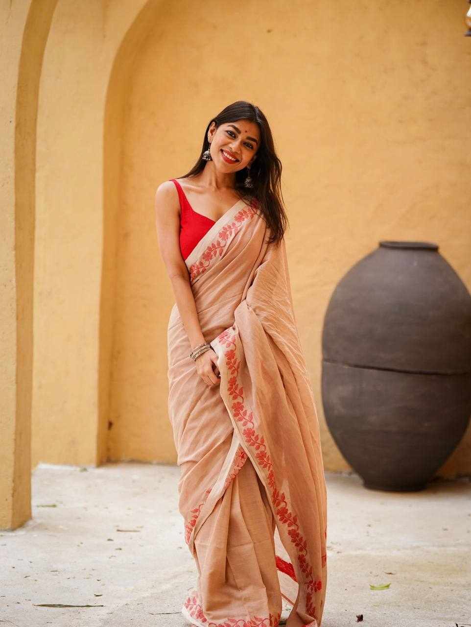 Women's Linen Cotton Digital Print Saree with Tassels & Satin Banglory Blouse – Beige & Red