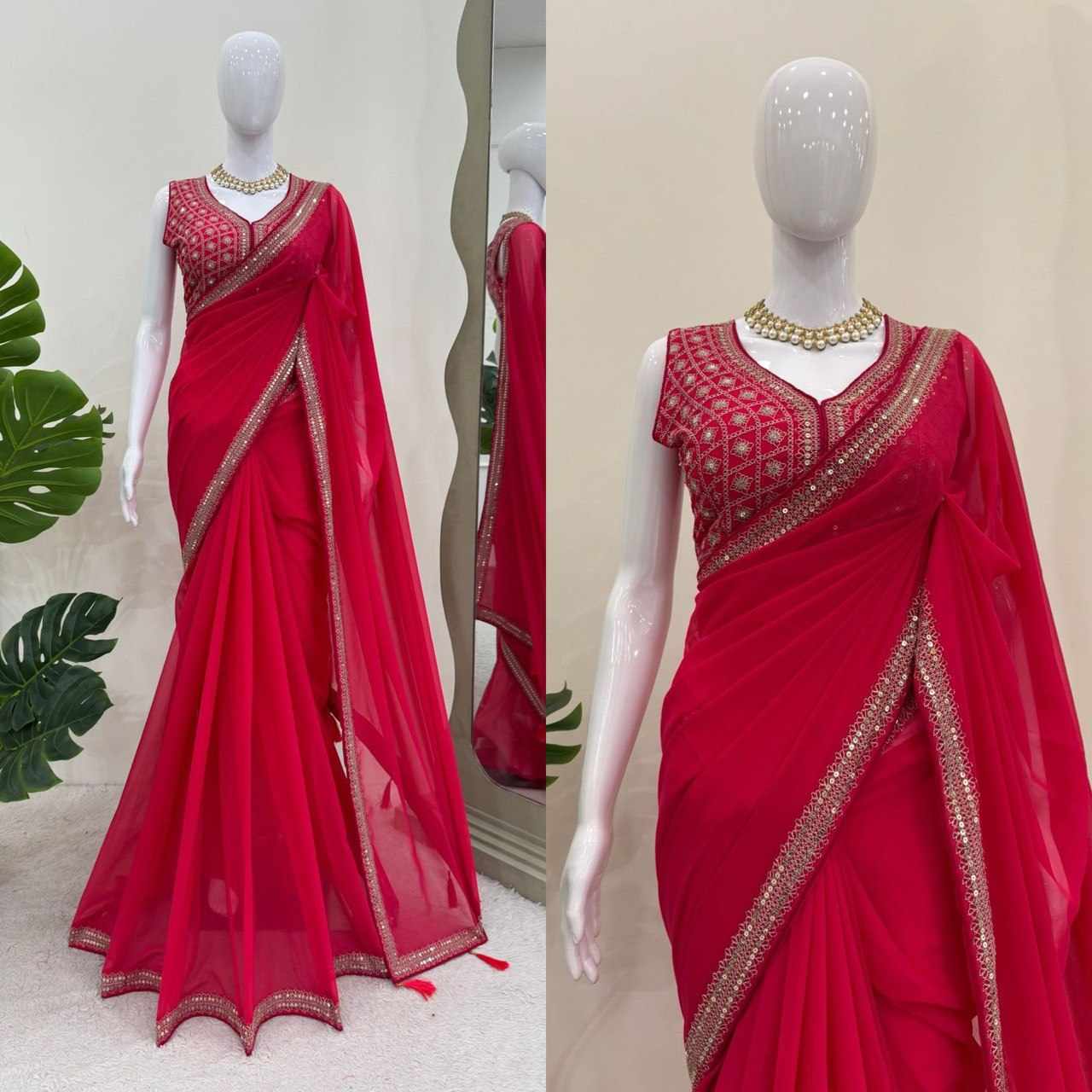 Women's Designer Faux Georgette Saree with Heavy Embroidered Blouse