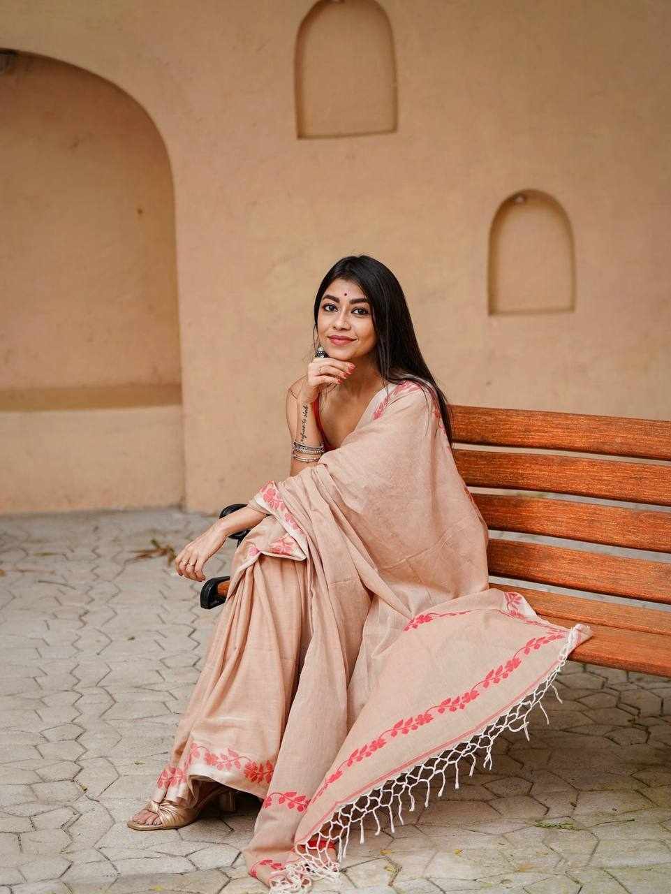 Women's Linen Cotton Digital Print Saree with Tassels & Satin Banglory Blouse – Beige & Red